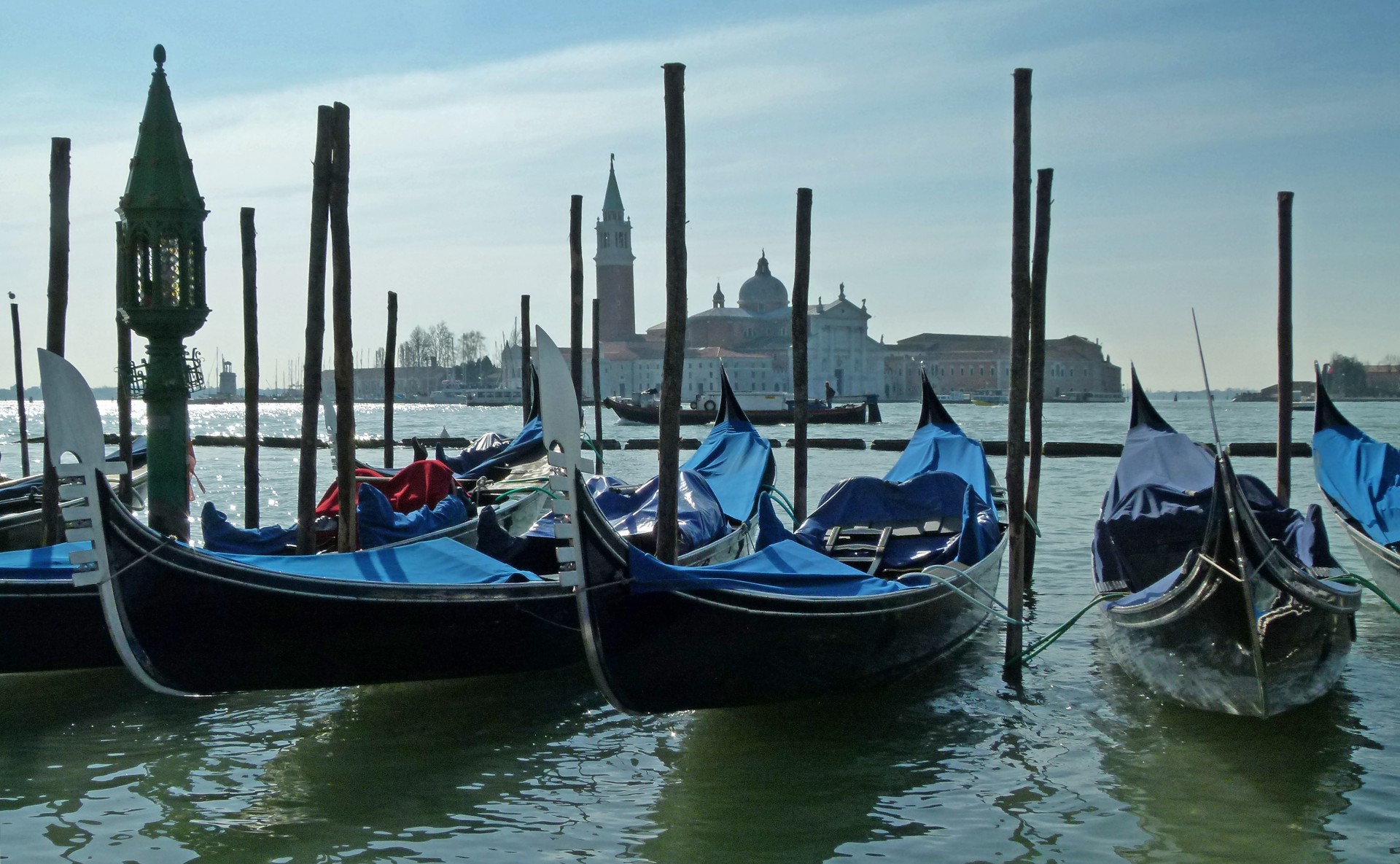 Gondolas at sunrise in Venice